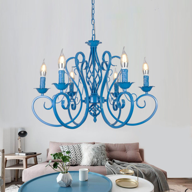 蓝色地中海美式复古铁艺吊灯客厅卧室餐厅法式乡村民宿粉色蜡烛灯