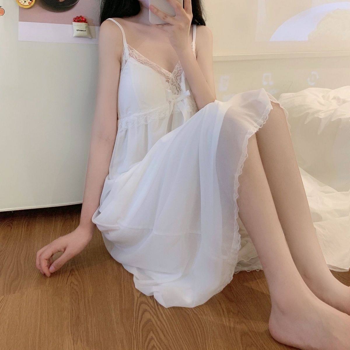 学生韩版白色蕾丝吊带连衣裙子仙女超仙森系甜美设计感小众睡裙夏