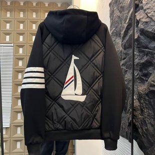 TB风格连帽拉链棉服后背帆船图案四条杠休闲棉衣夹克外套情侣上衣