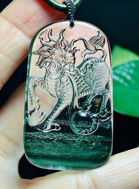 天然白水晶绿幽灵雕刻麒麟吊坠项链挂件挂坠男女招财