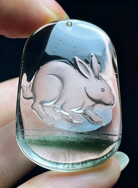 天然白水晶绿幽灵雕刻兔生肖兔小兔子吊坠