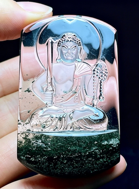 天然白水晶绿幽灵雕刻不动明王不动尊菩萨吊坠项链挂件牌子男女