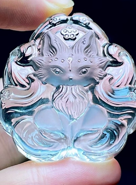 天然白水晶雕刻九尾狐吊坠项链挂件狐狸男女