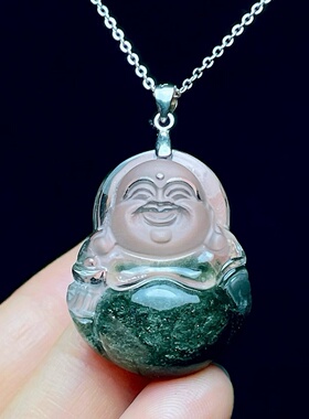 天然白水晶绿幽灵雕刻弥勒佛大肚佛吊坠项链佛像