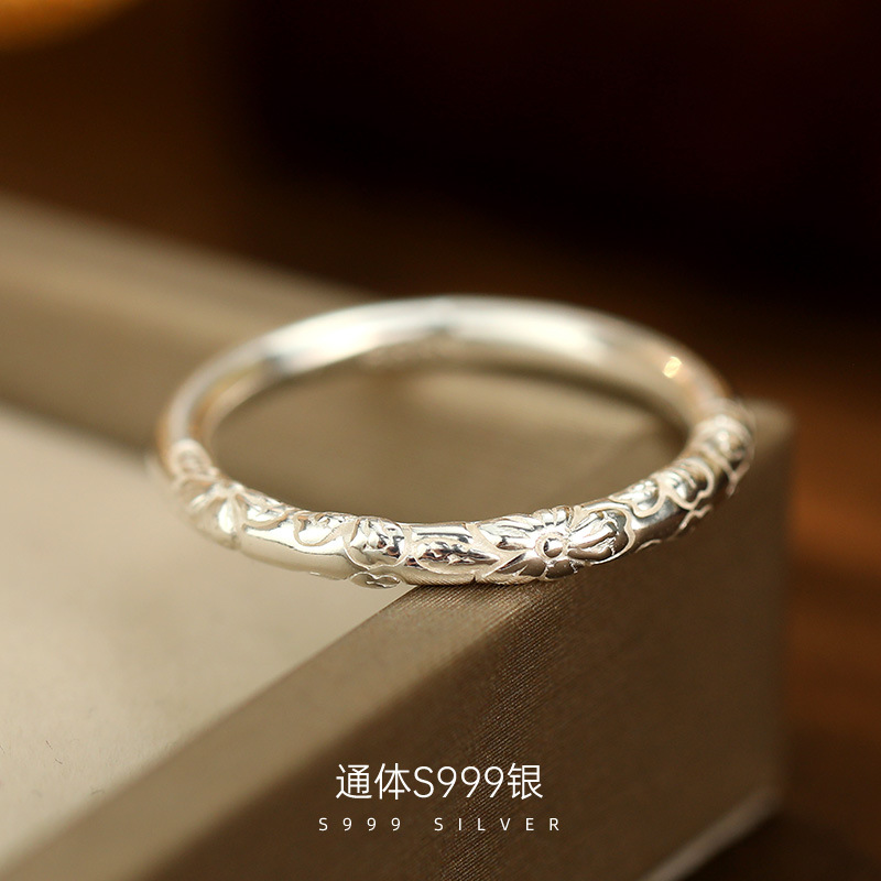 S999银古法浮雕樱花戒指复古素圈足银闭口男女食指环小红书