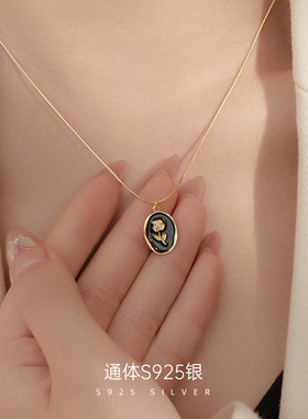 S925纯银复古黑色滴釉玫瑰花项链女日常小众轻奢蛇骨颈链配饰ins