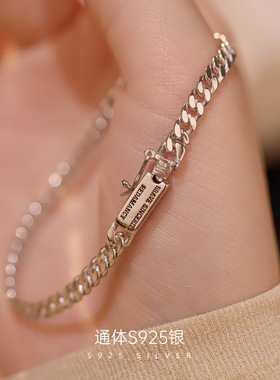 S925纯银情侣款方块英文古巴链手链简约个性男女表白礼物手串