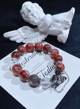 天然水晶白阿塞红胶花手串拉长石灰月光手链女生设计感小众手饰