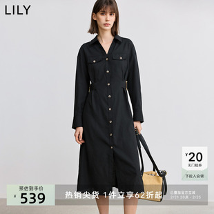 小黑裙LILY2025春新款气质知性V领收腰职业通勤黑色长袖连衣裙女