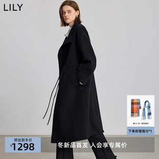 LILY2025冬新款女装羊毛桑蚕丝复古抽绳收腰通勤黑色毛呢大衣外套