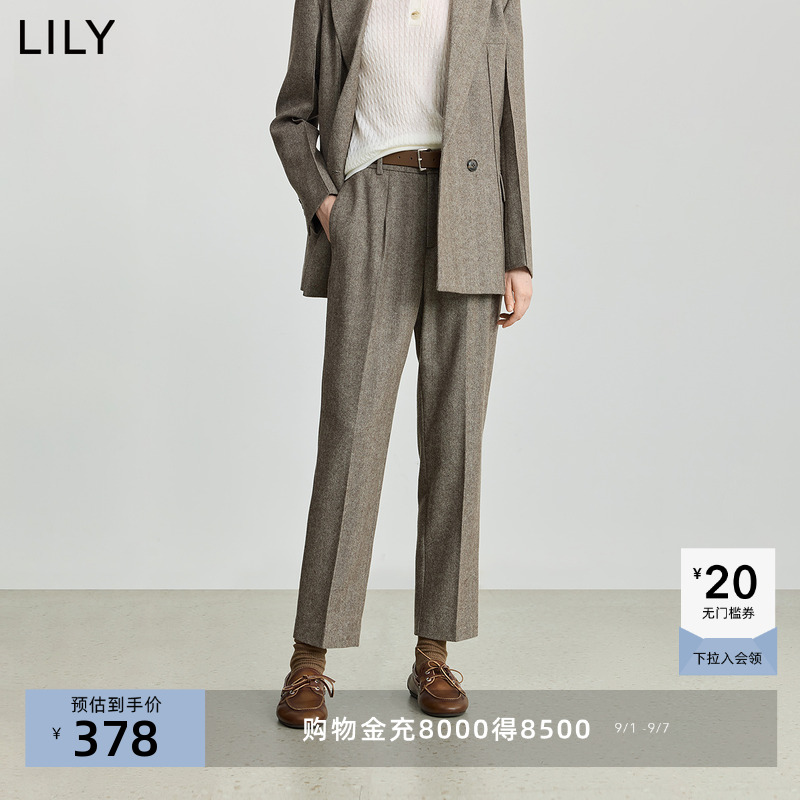LILY2025冬新款女装羊毛混纺老钱风人字纹气质通勤直筒锥形裤西裤