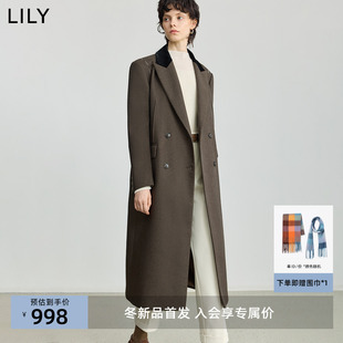 LILY2025冬新款女装复古气质老钱风戗驳领棕色毛呢大衣外套长款
