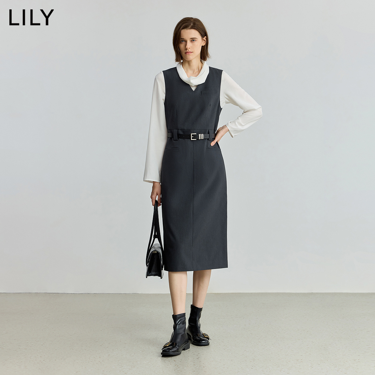 【商场同款】LILY2025秋新款法式荡领收腰气质通勤两件式连衣裙女