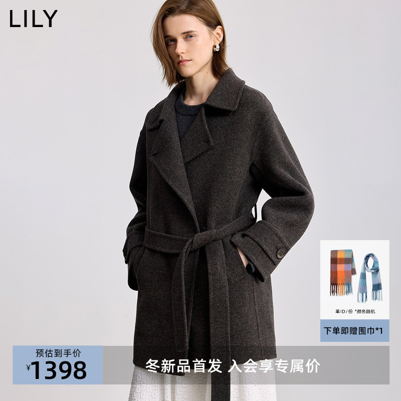 LILY2025冬新款女装羊毛桑蚕丝混纺烟囱领腰带收腰中长款毛呢外套