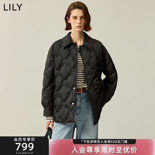 LILY2025冬新款女装经典简约菱格纹衬衫领宽松黑色羽绒服女中长款