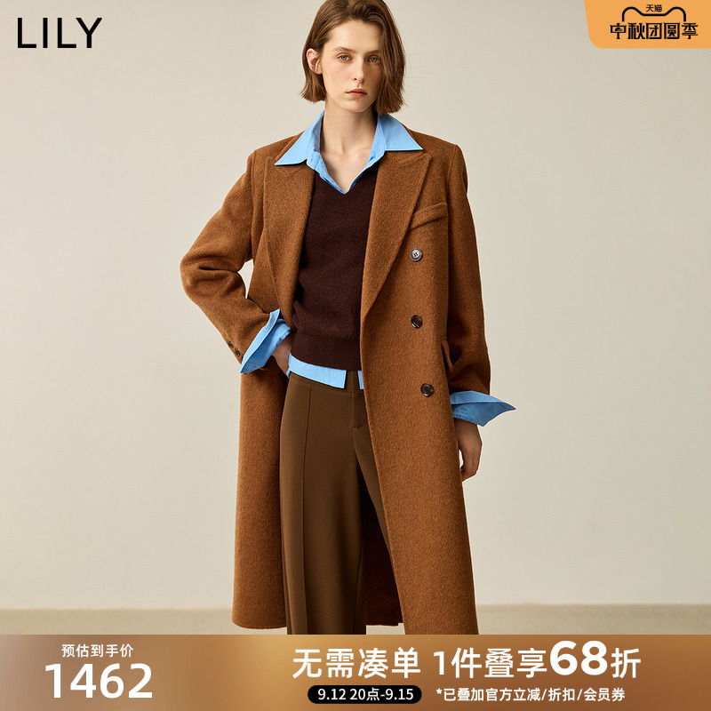 LILY2025冬新款女装100%绵羊毛美拉德宽肩廓形双排扣双面呢大衣女