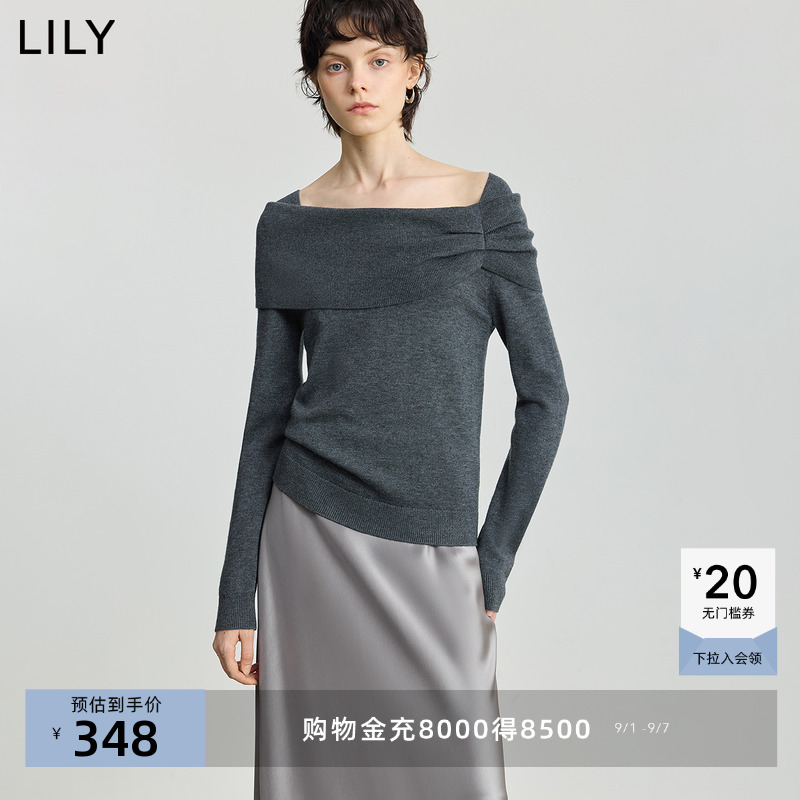 LILY2025冬新款女装羊毛混纺法式不对称一字肩柔软修身套头针织衫