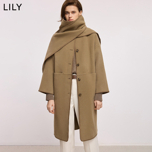 100%羊毛LILY2025冬新款复古老钱风含围巾宽松通勤毛呢大衣外套女
