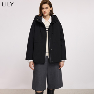 LILY2025冬新款含羊毛90鸭绒连帽抽绳收腰黑色羽绒服外套女中长款