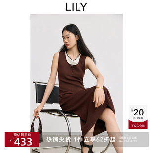 LILY2025春新款亨利领修身收腰百搭通勤咖啡色针织裙背心连衣裙女