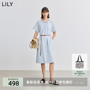 LILY2025春新款设计感文艺条纹宽松休闲腰带收腰插肩袖连衣裙女