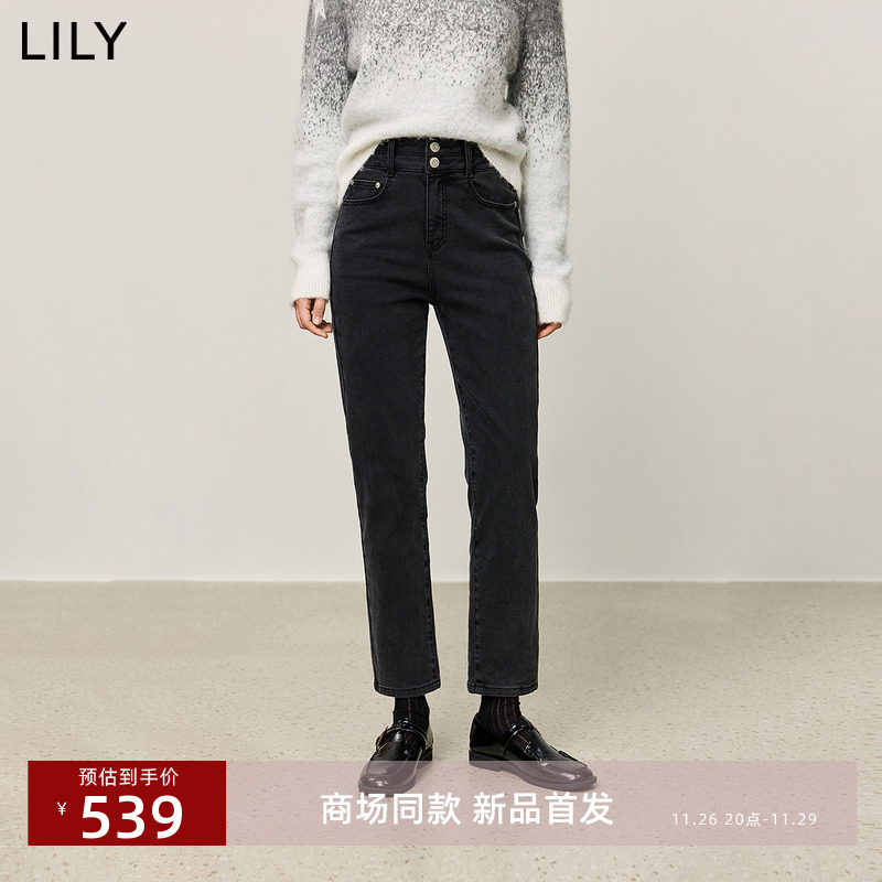 【商场同款】LILY2025冬新款女装磨毛九分瘦腿直筒裤黑色牛仔裤女