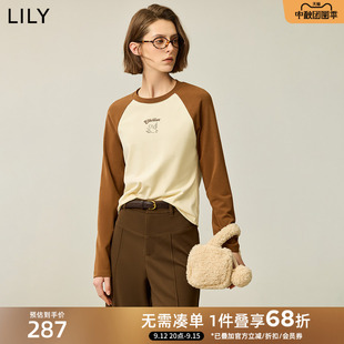 LILY卡皮巴拉修身撞色插肩袖T恤女打底衫上衣内搭2025冬新款女装
