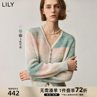 LILY2025秋新款女装含羊驼毛渐变条纹纱线V领通勤百搭针织开衫女