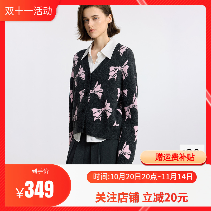 LILY2025冬新款女装含羊毛设计感撞色蝴蝶结V领针织开衫外套毛衣