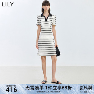 LILY2025夏新款女装舒适全棉复古撞色条纹中长款POLO连衣裙小个子