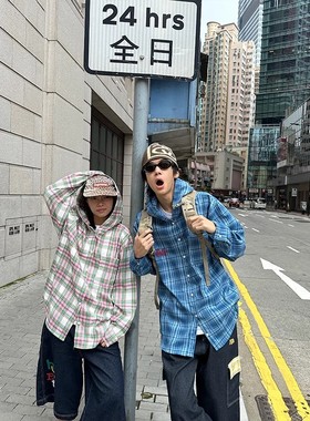 EAHO自制美式复古连帽格子长袖衬衫外套男女早秋新款宽松格纹上衣