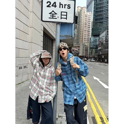 EAHO自制美式复古连帽格子长袖衬衫外套男女早秋新款宽松格纹上衣