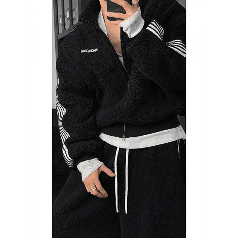 2026秋冬新款羊羔毛休闲运动风条纹卫衣套装拉链长袖保暖长裤,男装,休闲运动套装,淘宝优惠券,粉丝福利购,淘宝优惠卷