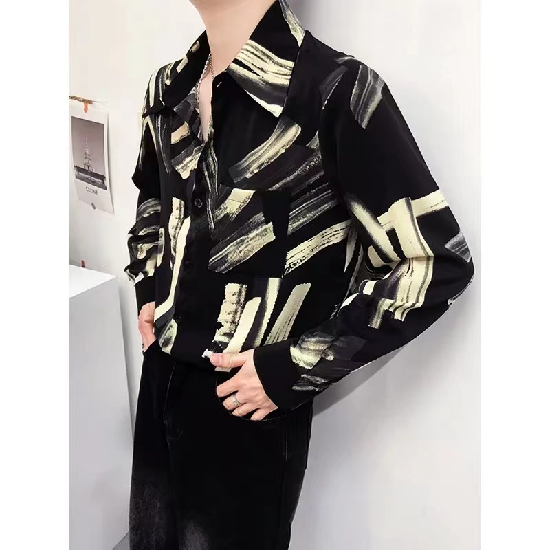 韩版高级感男士潮牌长袖衬衫夏季大理石纹理修身痞帅男士轻熟时尚