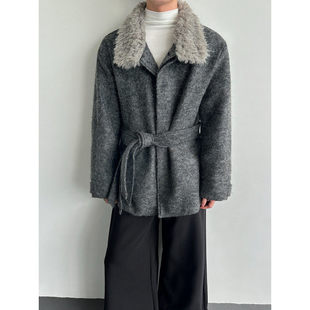 2025羊毛毛呢毛领大衣外套宽松中长绑带老钱风潮流男孩个性款棉衣