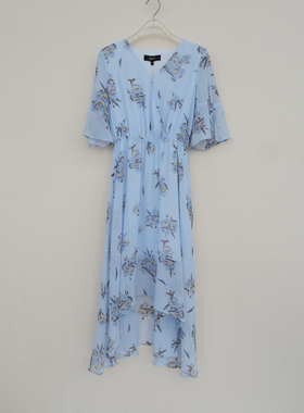 拉系/S专柜断码女夏布达佩斯之恋中长雪纺五分袖连衣裙5A2530印花