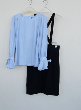 拉系SML正品清仓 女春夏超纤亲肤衬衣捻纱背带裙两件套5A1475条纹