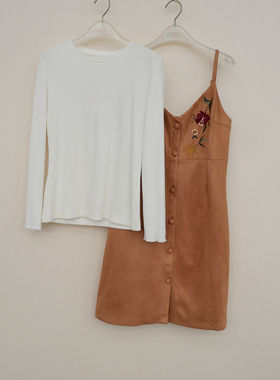 拉系SML专柜撤柜正品 女春秋仿麂皮绒绣花两件套背带裙4A6362驼色