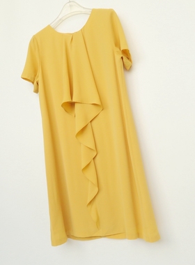 麦系列/M正品断码 女夏黄色雪纺泡泡纱A字短袖连衣裙7A7908
