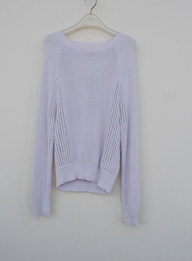 拉系SML撤柜正品 女春秋冰丝镂空宽松柔坠圆领长袖毛衣6A0855粉紫