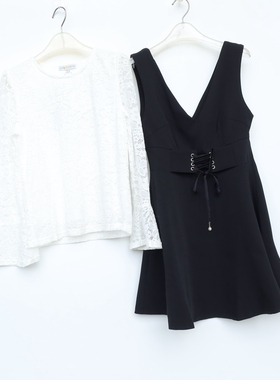 CC系列/S正品断码 女春秋长袖蕾丝衫背带裙两件套2C326002黑色