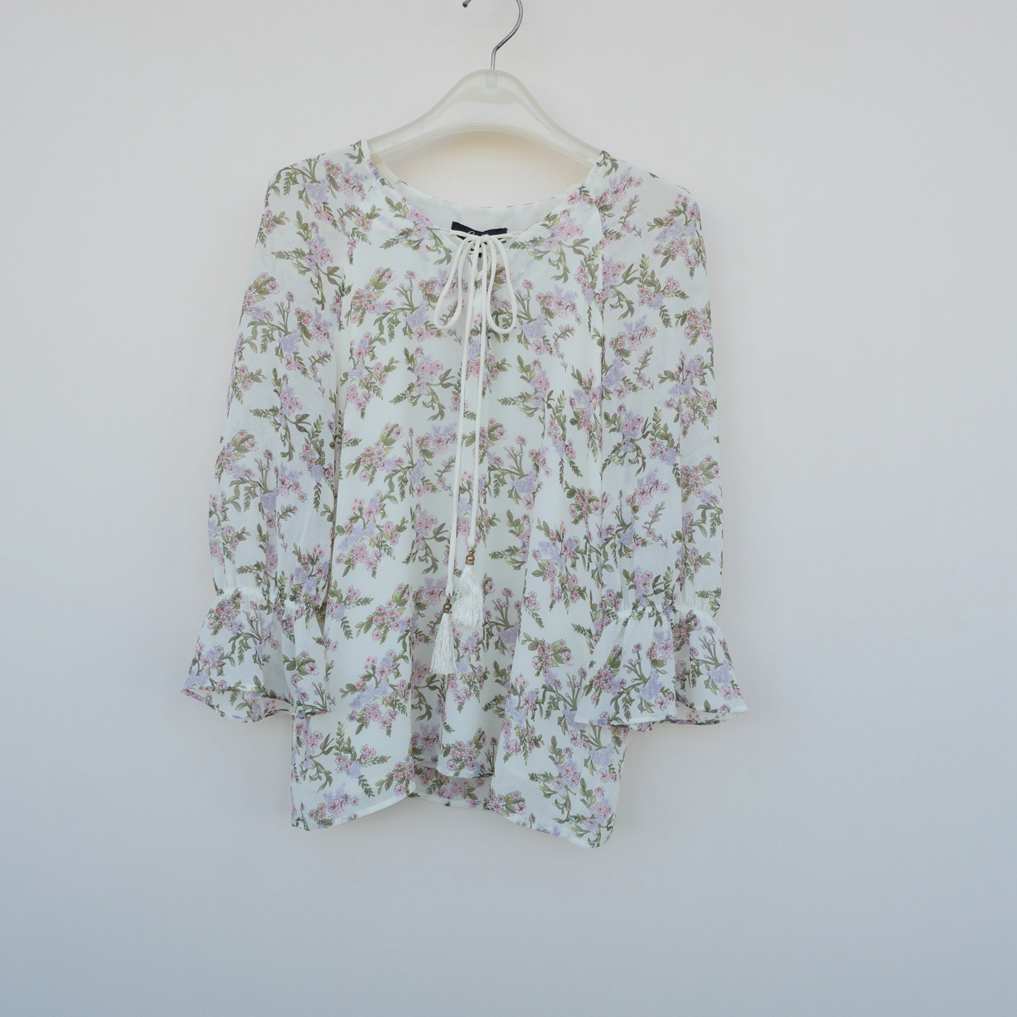 拉系列S撤柜正品 女春夏舒柔雪纺七分袖套头薄衬衫6A1572印花混色