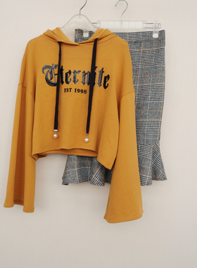 拉系列SML撤柜正品 女春秋纯棉短卫衣磨毛半身裙两件套6A5677黄色