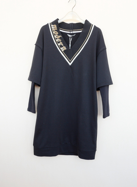 拉系列SML正品清仓女春秋棉圈厚柔宽松V领九分袖卫衣裙5A5675黑色