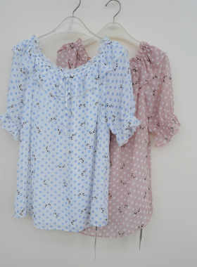 拉系列S/M专柜正品 女夏季甜美小清新宽松短袖雪纺印花衬衫4A4557
