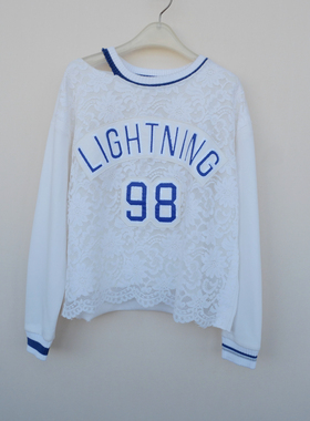拉系列SML撤柜正品 女春时尚蕾丝亮片绣花宽松套头卫衣6A4581白色