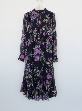 拉系列S正品清仓 女春秋黑色雪纺长袖连衣裙长裙5A7470印花混色