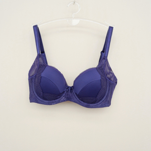 4女上薄下厚蕾丝花边聚拢文胸EF0947蓝色 安系列75C正品 断码
