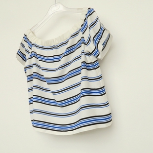 8B2306 女夏蓝条纹乔其宽松一字露肩短衬衫 拉系列S L专柜断码