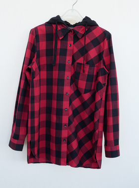 拉系列/S专柜断码女全棉磨毛厚柔宽松长袖外套衬衫4A3225大红格